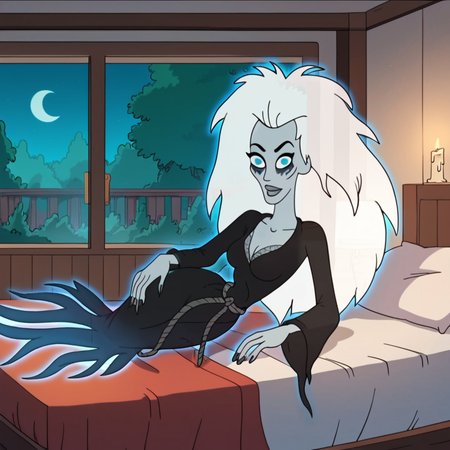 score_9, score_8_up, score_7_up, 1girl, Wraithgf, white hair, long hair, blue eyes, colored skin, grey skin, sharp teeth, eyeliner, medium breasts, narrow waist, wide hips, looking at viewer, lingerie, on bed, on side, candle, indoors, bedroom, highres, high quality, masterpiece, <lora:WraithGF:1>