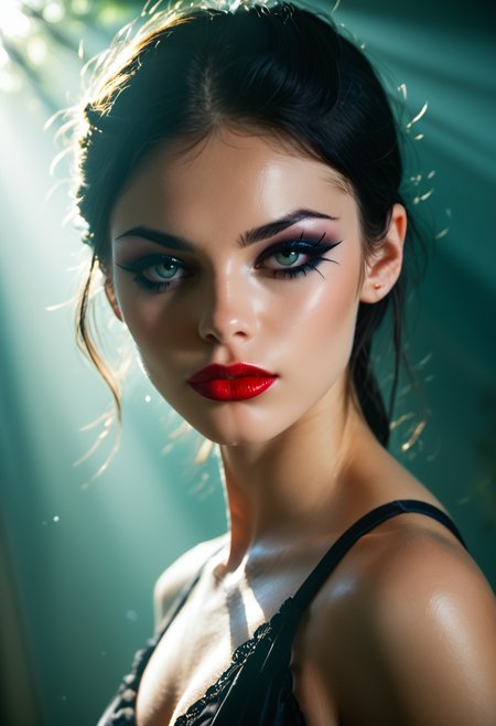score_9, score_8_up, score_7_up, score_6_up, god rays, interesting background, unique background, dramatic light, dramatic pose, dramatic angle score_9, score_8_up, score_7_up, 1girl, beautiful young woman, black hair, goth makeup, eyeshadow, lipstick <lora:RealPrincess_v2_r1:0.8>