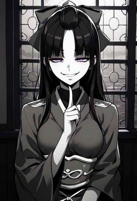 score_9, score_8_up, score_7_up, source_manga, 2d, masterpiece, best quality, (monochrome, greyscale, manga artstyle), SHIKOKU_(MATO_SEIHEI_NO_SLAVE),1girl, solo, long hair, breasts, smile, long sleeves, bow, closed mouth, purple eyes, upper body, hair bow, black hair, japanese clothes, kimono, snake, candle, (gesugao, parted lips, half closed eyes, smug, evil smile), indoors,, <lora:finger-to-cheek-ponyxl-lora-nochekaiser:1>, finger to cheek, index finger raised, pointing at self,, front view, looking at viewer,