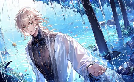 (solo:1.5),(masterpiece:1.5),(best quality:1.5),(bust:1.3),Amazing,beautiful detailed,extremely detailed wallpaper,extremely detailed CG unity 8k wallpaper,extremely delicate and beautiful eyes,1boy, green eyes,banquet,wet see-through clothes,forest,jewerly,lake,looking at viewer,