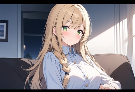 (extremely detailed CG unity 4k wallpaper),(masterpiece),(best quality),(ultra-detailed),(best illustration),(best shadow),(absurdres),(detailed background), (high res image), (High image quality),(Looking at the front),(looking at the audience),(Upper Body),
（A cute white dress,）
1girl, solo, 
Blush, smile,
long hair, Large breasts,
Braided long hair, blonde, Green eyes,
evening,
While sitting on the sofa in the living room,
