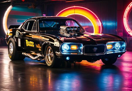 VintageMuscleCar gleaming dragster tunnel, side view, bright headlights, neon lights, glass background, light reflections, 4K, highly detailed, closeup (stylish grainy analog 35m film photo, "BUZZ")