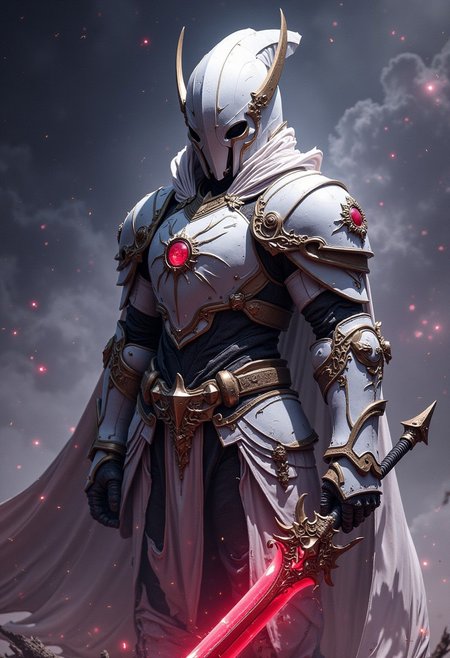A alien knight wearing a white armor. 
He is holding a giant red sword.
Universe background, FredFraiStyle