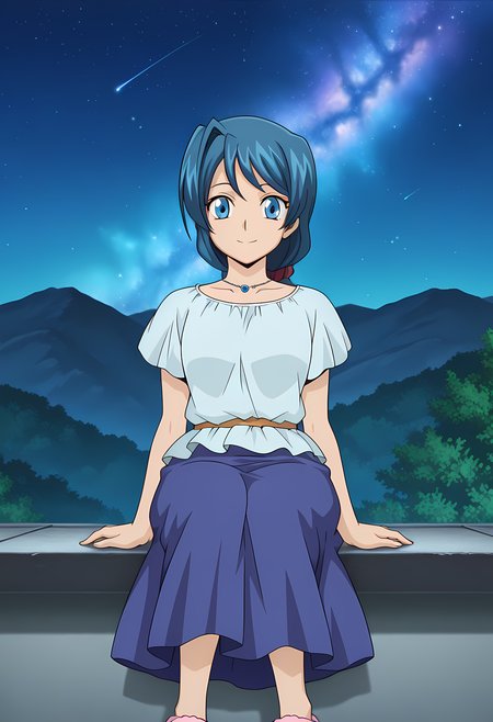 masterpiece,best quality,amazing quality,

1girl, solo, face focus,

Shizuka Sendou (Cardfight Vanguard), long hair, blue hair, blue eyes, necklace, jewelry, shirt, short sleeves, slippers, long skirt, blue skirt, 

cinematic, looking at viewer, smile,

Sit, leaning back, with two arms,

bloom, night, at mountain, greenery, galaxy sky, 

Official style, anime screencap, anime coloring, 
















