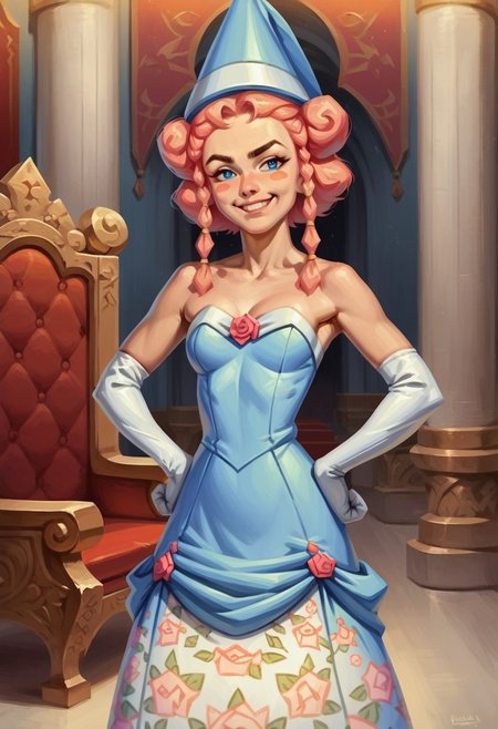 score_9_up, score_8_up, score_7_up, score_6_up, 1girl, solo, Pr1ncess_B, pink hair, blue eyes, twin braids, blue headwear, strapless blue dress, floral print, white elbow gloves, blush stickers, adult, (painted art), standing, indoors, throne room, hands on hips, smug smile, (realistic, painted art)