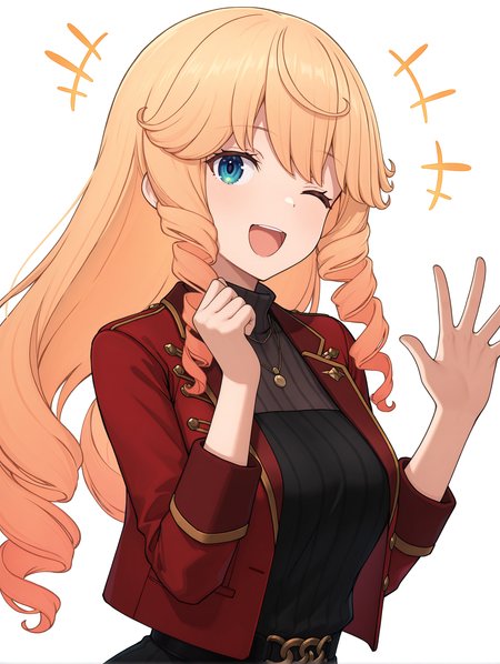 masterpiece,best quality,newest,
1girl,solo,
<lora:Nicole_Francisca_ilxl_v1.0>,nicole_f,blonde hair,grey gradient hair,blue eyes,
u.r.k,necklace,red jacket,black dress,turtleneck,
<lora:Fixhands_anime_bdsqlsz_V1:1>,upper_body,laughing,one eye closed,waving,happy aura,white_background,simple_background,face_focus,
