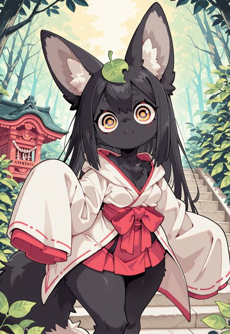 S4bit4mago_illu, anime style, s0wasow4rt_illu, halftone, detailed background, score_9, score_8_up, score_7_up, cartoon_type, (solo) masterpiece, (close up:2.36), very aesthetic, fluffy fur, (1 beautiful fox girl), 1 girl, fluffy, anthro, ((cute theme)), source_anime, lustrous black fur, large sleeves, oversized sleeves, sleeves over hands, (large eyes), body covered, leaf on top of head, lidded eyes, straight hair, small breasts, slightly perky breasts, short skirt, huge ass, wide hips, back arched,  shrine maiden robes, detailed background, depth of field, standing on stairs, in foliage, cute fang, placid look, wearing cloak, curvy, glossy body, puzzled look, , perfect eyes,