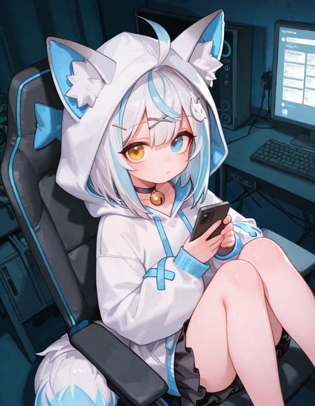 1girl, solo, white hair, multicolored hair, two-tone hair, streaked hair, blue hair, medium hair, ahoge, heterochromia, yellow eyes, blue eyes, x hair ornament, fox hair ornament, fox ears, animal ear fluff, fox tail, choker, bell, white hoodie, animal hood, hood up, (black camisole:0.7), bow, long sleeves, overfitting, black skirt, miniskirt, frills, detailed background, on chair, (knees up), monitor, dark room, from above, holding phone, looking at viewer, 