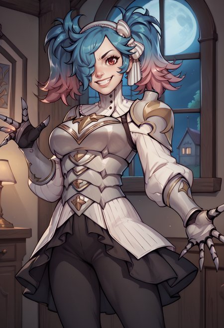 score_9, score_8_up, score_7_up, BREAK, 1girl, solo, looking at you, evil grin, reaching towards viewer, <lora:PeriFE-pdxl:1> defPeri, multicolored hair, twintails, hair over one eye, striped headdress, turtleneck, armor, large breasts, gauntlets, black skirt, black leggings, indoors, night, medieval architecture, window, full moon