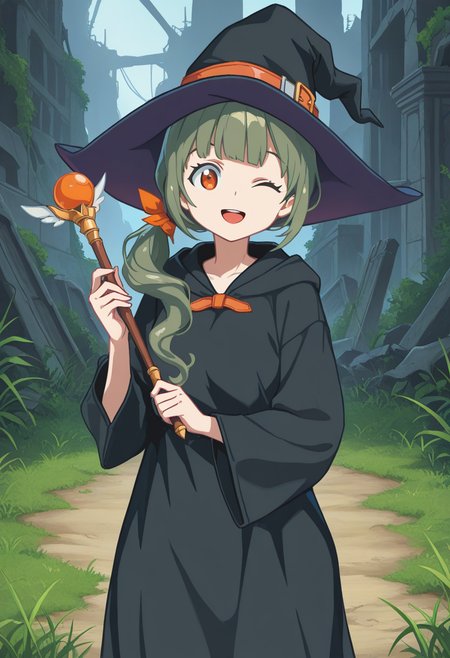 1girl, solo, lrheroine, green hair, side ponytail, long hair, blunt bangs, hair ribbon, orange eyes, black robe, hooded robe, long sleeves, holding wand, grass, old ruins, witch hat, looking at viewer, open mouth, smile, wink, cowboy shot, straight on, looking at viewer,