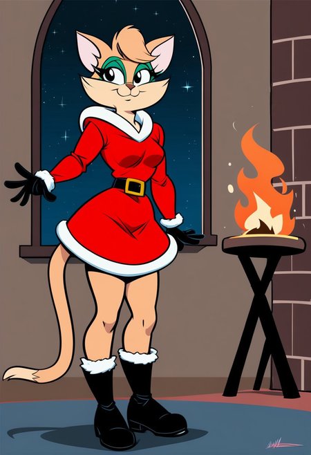 score_9, score_8_up, score_7_up, score_6_up, score_5_up, score_4_up, retro artstyle, BREAK 
Tabitha_Fantomcat,cat girl,short hair,1girl, red dress, furry female, dress, smile, furry, solo, christmas,black eyes, pink fur, night, fur trim, fire, fur-trimmed dress, animal ears, long sleeves, animal nose, window, breasts, boots, santa costume, standing, black footwear, fireplace, gloves, fur-trimmed sleeves,short hair, sky, star \(sky\), bag, alternate costume, looking to the side, closed mouth, night sky, belt, happy, santa dress, small breasts, indoors, medium breasts
<lora:tabitha-v1:1>