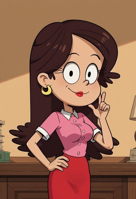 ((room background)), score_9, score_8_up, score_7_up,score_6_up,
1girl, solo, MsDiMartino_TLH, light brown skin, brown hair, long hair, black eyes, gold earrings, red lipstick, pink shirt with white collar, red skirt, black high heels, smile, perfect smile, tall, perfect eyes, looking at viewer, big breasts, standing, (bust shot) five fingers, perfect hands, (hand on hip, hand up)