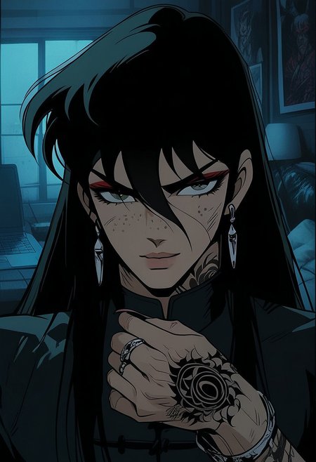 MALE, ONLY MAN, BOY, score_9, score_8_up, score_7_up, score_6_up, gthan, Shiryu, 1boy, solo, long hair, black hair, bangs, long bangs, green eyes, light skin, chinese boy, hair between eyes,
gothic, 18 year old, big lips, freckles, bangs, yakuza arm tattoos, makeup, long nails, indoors, smokey black eyeshadow, red eyeshadow, long eyelashes, eyeliner, full lips, close up on face, face close up, perfect hands, seductive smile, rings, bracelet, night, 
indoors, looking at viewer, great view, male earrings, portrait, smoke, boy's room, gaming laptop, messy room selfie,