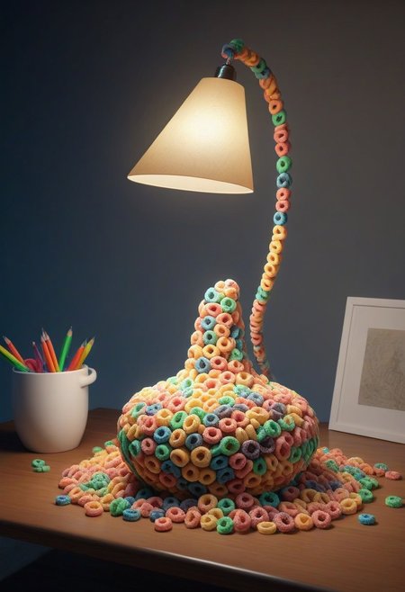made of Fruit loops , epic picture of a desk lamp on a table, highly detailed, masterpiece, dramatic cinematic lighting, unforgettable, very intricate, high detail , photorealistic detail, ultra-realism , photorealistic,  ultra detailed ,octane render,    <lora:FruitLoopStyle_epoch_9:0.4>