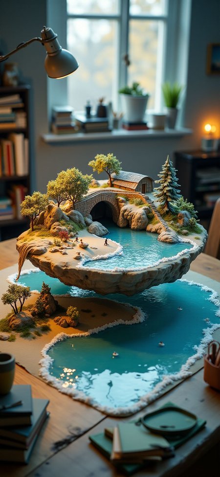 (indoor,very wide isometric view,tilt-shift lens:1.6), (windowless,miniature,miniature,diorama,miniature,diorama,PVC,plastic:2),dawn winter ,beach,brick arch bridge,road,tunnel at (floating island,levitating  island:1.5) on (table:2) at (study:2.5)   <lora:Diorama_Flux:1>