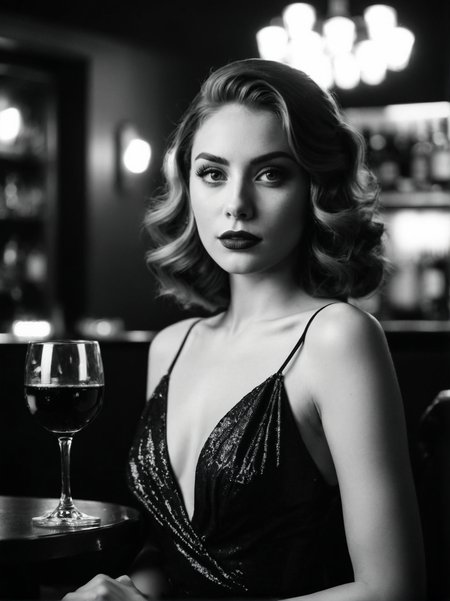 A dynamic cinematic photograph of Andrea_Michaels_P_MXAI_SDXL , red lips, dramatic makeup, sitting on a stool in a bar, 1930s speakeasy, holding a glass of red wine, mad-sincity, noir, B&W, volumetric smoke in the background, glam,, SK_CINEMATIC, ziprealism