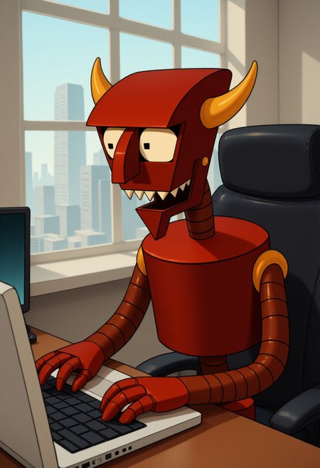 <lora:Beelzebot_Robot_Devil_-_Futurama_FLUX-000018:0.9> 
Cartoon image of a red robot named beelzebot sitting on an office chair, typing on a laptop keyboard. There is a website visible on the laptop screen: "CivitAI".