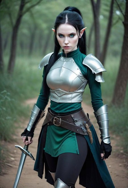 photo of cute (very pale skinned:1.4) ranger elf woman, (blue eyes), (long black hair, ponytail), makeup, (32B-26-37), 5'9, 140lbs, ArmoredDress, (wielding both a long and short sword:1.4), (Dark green Leggings). gothic, badlands, full body, HDR