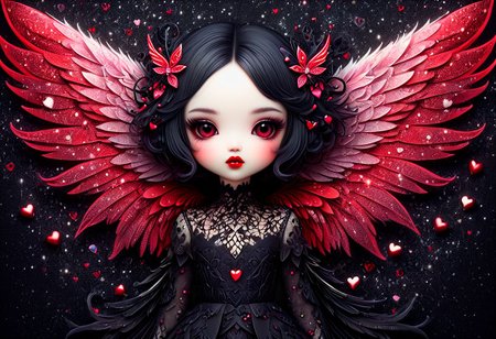 beautiful hyper detailed ultra realistic hyper detailed beautiful dark chibi fairy, shadow woman red lips graphic, dark intricate wings on back, in the style of Charlie Bowater, nicoletta ceccoli , dark  Whimsical, Detailed Fantasy, black lace Background pattern with tiny  3d red and pink hearts, Glitter, White Thorns, Muted Colors, Explosion, Intricate Extremely Detailed, Hyperdetailed, style of monica lee, Hgonzag, Camilla d'Errico Diego Gisbert,Winter wonder land art art, Masterpiece, trending on artstation, featured on pixiv, cinematic composition, 8K