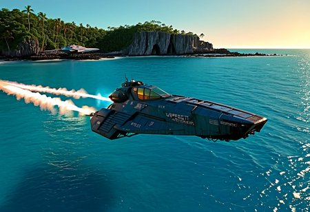 a dark blue/light blue (WipEout anti-gravity craft), (split-front:1.3),  flare, jet trail that has landed in the waters of a lagoon, floating in the sea, tropical island, blue sky, sunset, sharp, high detailed, realistic, sleek, scifi