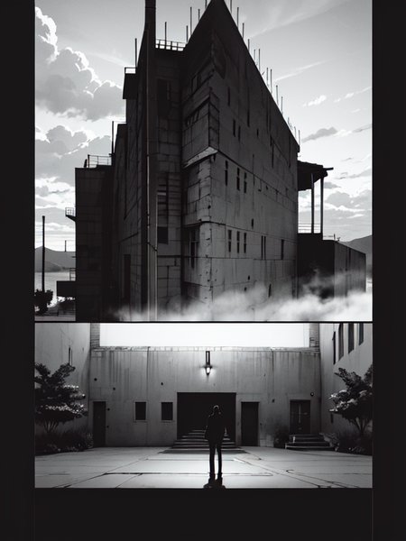 house facade , vast scenery, heavy black and white, dim light, photorealistic, 185mm f/1. 4 iso 100, cinematic 8k, cinematic hbo, crisp quality and light reflections, backlighting, colorgrading, post-processing, full hd, 8k ultra high definition real-time path tracing (Masterpiece:1.3)<lora:Blame!:1>