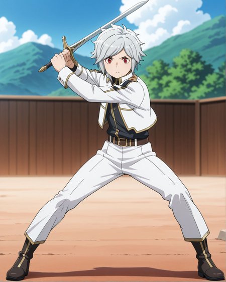 masterpiece,best quality,amazing quality,very aesthetic,absurdres,newest, huge filesize,
<lora:spo_sdxl_10ep_4k-data_lora_webui:0.5>, anime,anime coloring, anime screenshot, 2D anime,
BREAK
<lora:DanMachi_Heith_Velvet__Freya_Syr__Horn__Ryuu:1>
red eyes male, full body,  Bell Cranel,solo,front view,
boots,full body,belt,white uniform,white pants,long pants, outdoors, sky, fighting stance, holding sword, 
grey hair,jacket,
d_bell,D_Heith Velvet,