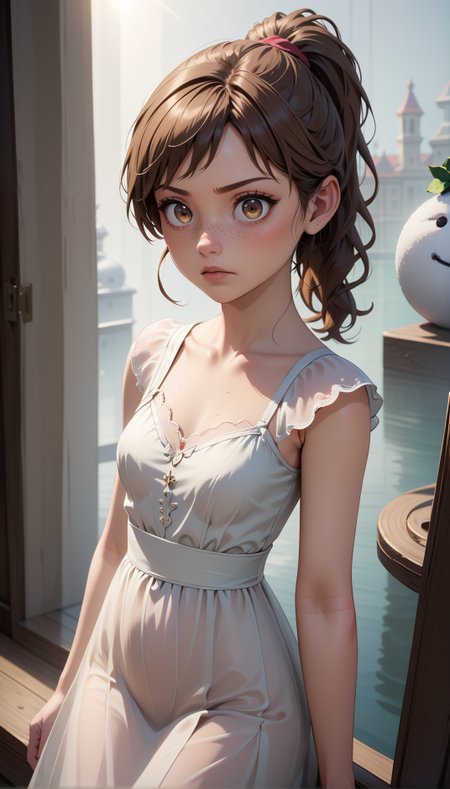 score_9, score_8_up, score_7_up,masterpiece,best quality,high quality,rating_safe,sfw,anime artwork,cinematic,very aesthetic,natural lighting,3d cartoon, 1girl french,hazel eyes,solo, (((young adult)),older),making a snowman,surprise face expression, glare, long brown hair, pony tail hairstyle,see-through dress,small breasts, detailed skin,intricate skin details, freckles:1.5, from above, very wide shot, card background, overcast flat lighting, detail shadow, detailed skin texture, natural skin, clean skin pores, highly detailed iris, highly detailed skin texture, perfect eyes,intricate details,extremely detailed, highly detailed, detailed,absurdres,Hires