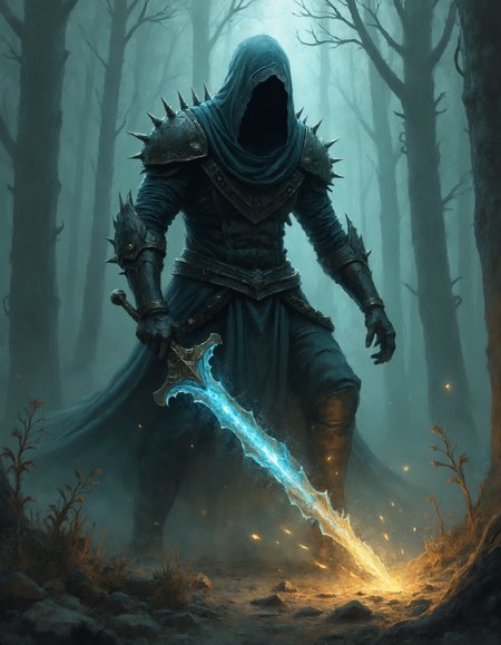 night, gritty, textured paint, dark, brooding, An image depicted in digital art using detailed, dark brushwork, showcasing a dramatic and intense style. The technique emphasizes stark contrasts and intricate textures, creating a visually powerful and mysterious image. Each element is rendered with meticulous attention to detail, adding depth and a sense of menace to the painting.

The scene portrays a dark, hooded figure, mid-battle, in a dark, misty forest. The figure is clad in elaborate, spiked armor with a long, flowing cloak that blends into the shadows. The hood obscures the face, seeming faceless

The figure wields a large, menacing sword with an intricately designed blade that glows with an ethereal blue and yellow light, throwing sparks, with two hands, he weilds this sword, 

The background features a dense, shadowy forest with tall, dark trees and a misty atmosphere. The muted greens and grays of the forest create a stark contrast with the glowing blue elements, enhancing the sense of otherworldliness and danger.

The overall atmosphere is one of intensity and mystery, with the dramatic technique bringing each element to life. The dark figure's imposing posture and the glowing magical elements, captured with precise and expressive strokes, add a dynamic and haunting quality to the image, making it feel both powerful and eerie.