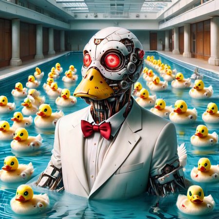 Duck cyborg, red feather wings,DuckiferXL, ais-rbts, green head, happy, cute