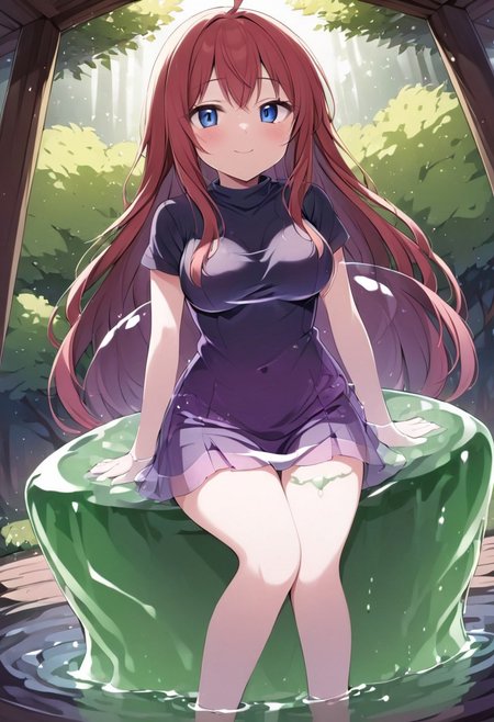 (masterpiece), (score_9, score_8_up, score_7_up,source_anime), 4K8K, best quality, high res image, illustration, Uncorrected, CG, 
(girl view from below. look-up angle:1.3), sexy shot, 
1 fairy girl sitting on a giant grape slime, pretty slime sex, (lot of cubes floating around woman), (hair over breasts, long hair, hair censor:1.4), twinkle grape, white elbow gloves, fairy wings, 
slime, slime like a grape, grape slime, see-through violet slime, 
BREAK
medium breasts, 
(gradient hair, pink and hair, very long hair, red bangs, ahoge, hair over breasts, hair censor), 
(blue eyes, half opened eyes, jitome, smile), 
wearing tube top, cube, 
in orchard, fruit orchard, fruits trees,