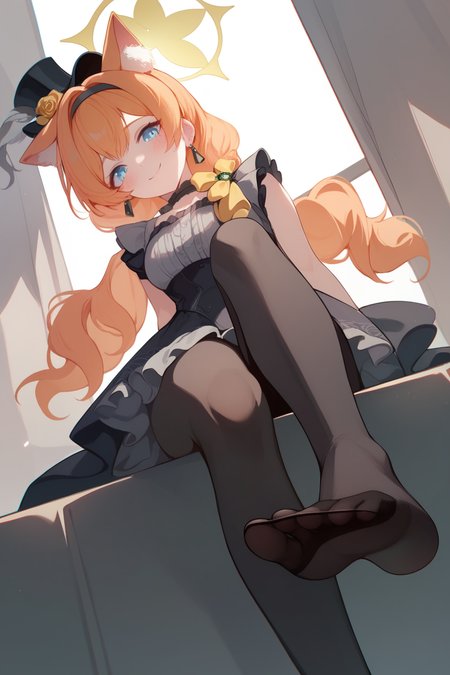 (score_9,score_8_up,score_7_up,),<lora:mari_(idol)-000024>,mari_(idol),orange hair,halo,animal ears,blue eyes,twintails,mini hat,low ponytail,yellow bow,frills,long hair,black pantyhose,black dress,black footwear,sitting,arms_behind_back,from below,foot focus,smile,blush,