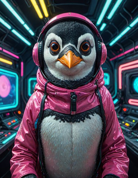 (ombre color scheme of neon pink, neon blue, neon green, neon yellow, neon yellow-red) (in the style of Zdzislaw Beksinski:1.2) (cute:1.25) (anime penguin:1.75) wearing a space helmet sitting at command chair with the lights of the consoles behind, in the style of sci - fi environments, glo - fi, aesthetic, comic, beeple, space background <lora:another-bored-particle:0.55>  <lora:add-detail-XL:0.65>, subsurface scattering, ultra hd, 4k, high def, Photorealistic, Hyperrealistic, Hyper detailed, analog style, realistic, masterpiece, best quality, ultra realistic, 8k, Intricate, High Detail, film photography, soft lighting,  heavy shadow