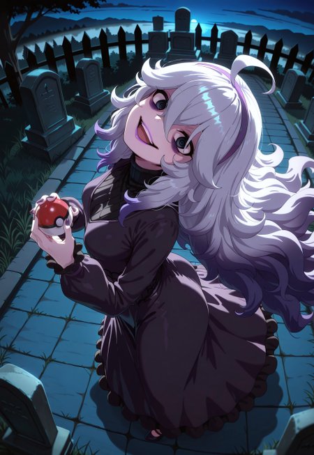 1girl, Shadwo, black eyes, white hair, grey hair, very long hair, messy hair, hair between eyes, ahoge, bags under eyes, gradient hair, multicolored hair, purple highlights, purple tips, purple streaked hair, masterpiece, best quality, absurdres, 
(hex maniac dress), long dress, black dress, spiderweb pattern, frilled sleeves, purple hairband, @_@,
purple lipstick, purple lips, long eyelashes, eyeshadow, eyeliner, mascara, purple makeup, purple nails, long nails,  
outdoors, nature, graveyard, night, dark environment, spooky, fog,
solo, from side, from above, full body, dynamic pose, looking at viewer, (head tilt), crazy grin, open mouth, holding pokeball, staring, spiral eyes,
intricate, highly detailed, majestic, shallow depth of field, movie still, circular polarizer, moody