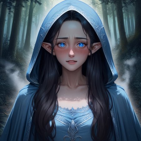score_9, score_8_up, score_7_up, source_anime, expressive, anime, Artist speedlines, dynamic, 1girl, Arwen_Undómiel,tolkien's_legendarium, BREAK, Arwen\(Lord_of_the_Rings\),  Arwen, elf, pointy ears, blue eyes, black hair, long hair, sidelocks, 1woman, blush, blushing, embarrassed, sensual, horny, longing,  blue dress, lace, see-through, blue cloak, blue hood, detailed eyes, blushing, horny, uncensored, source_hentai steam, full-face_blush, happy horny, in_the_woods, Lothlórien, forest