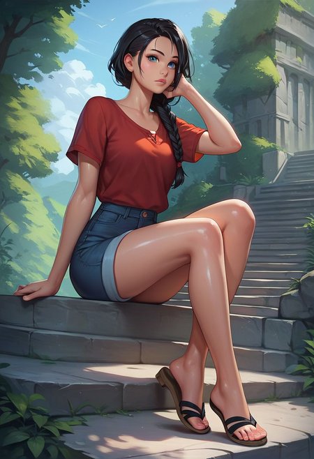 score_9, score_8_up, score_7_up, score_6_up,
rating_questionable, 
1girl, ((18YO:1.2)), Adult, full lips,  big clear eyes, blue eyes, ((black hair:1)), (single braid: 1.2),  
shiny skin,
sitting, on stone stairs, casual, outside, shoe dangle, no socks, sandals,
