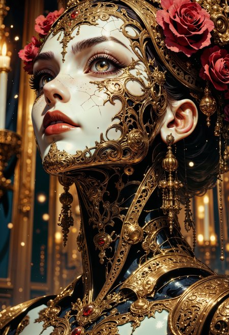 A close-up of an uncanny automaton with a porcelain face, cracked in places to reveal the intricate golden clockwork beneath. Her glassy, lifelike eyes reflect the flickering candlelight of the opulent chamber around her, filled with towering mirrors and ornate velvet drapery. Delicate, golden filigree patterns swirl across her cheeks and down her neck, blending seamlessly into the lace-like metal plating of her collar. Her lips, painted a deep, metallic crimson, curl into a delicate but unsettling smile. Fine golden threads extend from her wrists and shoulders, disappearing into the darkness above, as if unseen hands still control her movements. The faint ticking of unseen gears resonates through the heavy silence, each sound a reminder that she is something caught between life and machine. <lora:RetroAnimeFluxV1:0.5> <lora:Comic book V2:0.6> <lora:FluxMythG0thicL1nes:0.6>  <lora:Elden_Ring_-_Yoshitaka_Amano:0.6>