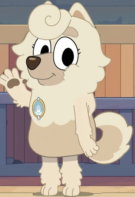 score_7_up, score_8_up, score_9, masterpiece,  high quality,
WendyBluey, female, furry female, solo, 1girl, adult, cartoon, anthro dog, dog ears, chow chow, beige fur, black eyes, 
front hair curl, silver brooch, brown nose, dog tail, 
smiling, looking at viewer, waving,
standing, full body view, full body