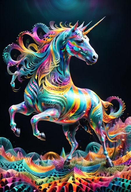 magic unicorn made out of fractangles mid air, morphing, evolving, colorful landscape