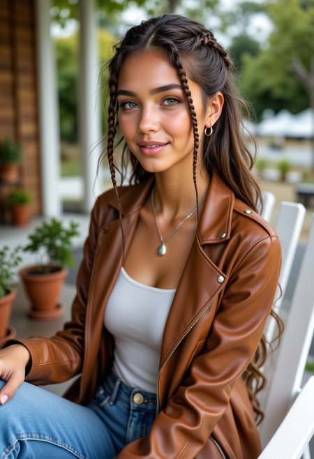 modeling poses, She is approximately 18 years old, she is smiling, dynamic angles, multiple angles,She is looking at the camera, photoshoot poses; a photo of Aline_v1, a woman with braided hair,earings, she is posing for the camera. a woman with  hair, necklace, wearing a brown leather jacket, white sweater,and Blue jeans, a woman with medium breasts, she is sitting in a white deck chair, on a dock lined with flower pots, a beautiful pond in the background, The woman has long hair and is wearing a necklace. . The scene is set in a cozy and inviting atmosphere, with the woman being the main focus of the image.  she has the perfect milf body, thin waist, wide hips, golden triangle, she is posing for the camera with a smile on her face. Style: realistic hyper-detailed rendering, 32k UHD, expressive eyes, punk, graphic design, girl's face, pretty and cute, gleaming lips, telling a tale of adventure. Exuding confidence and serenity. The overall mood of the image is happy and relaxed,detailed skin texture,(blush:0.2),(goosebumps:0.3),subsurface scattering,with a playful and whimsical tone, aidmafluxpro1.1, retro50s_style, perfect hand, detailed hand,  looking at camera, looking at viewer, looking at camera, she is looking at the camera,