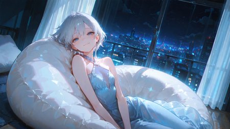 artist:, masterpiece, newest, very aesthetic, very awa, absurdres, highres, 1girl, detailed eyes, small slim girl, disheveled silver-haired, blue eyes, halter dress, long dress, blue casual dress,see-through cleavage, sitting on bean bag chair, pillow, happiness, gentle smile, looking at viewer, (((night scene, window, curtain, city lights))), dimmed environment lights, dutch angle,upper body shot, usnr