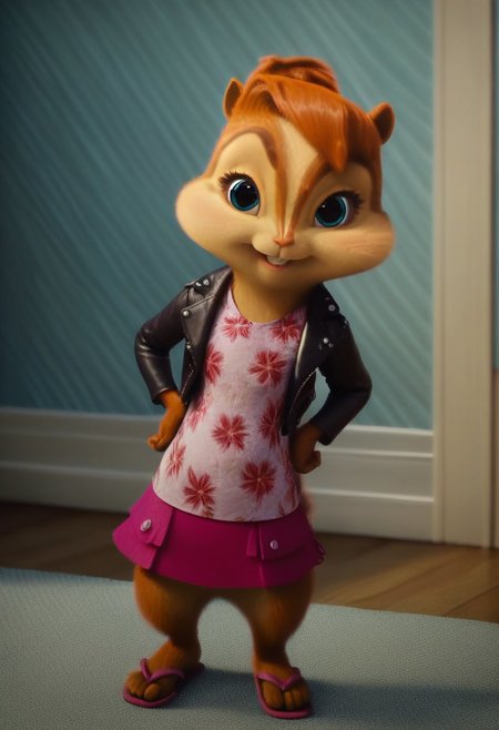 score_9, score_8_up, score_7, score_6, detailed background, indoors , lounge, windows, painted walls, brittany miller, chipmunk, furry, short ears, white floral shirt, black leather jacket, floral mini skirt, sandals, standing, hands on hips, looking at viewer, front view, cute smile, 6 inches tall
