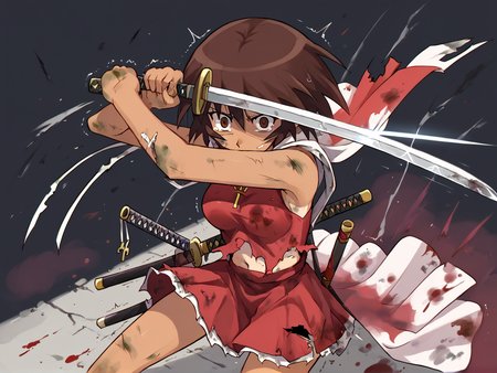 anime artwork Masterpiece, high quality, score_9, score_8_up, score_7_up, 1girl, scared, trembling, unsteady, despair, gloom \(expression\), looking at viewer, blue rags, shredded dress, sleeveless, stomach cutout, torn clothes, dirty, holding sword, perspective, foreshortening, sword focus, broken sword, blood, from above, <lora:high_guard_sword_parry_stance:0.9> high guard sword parry stance, katana, <lora:kagura-v1_pdxl:0.8> kagura (azumanga daioh), brown hair, tan, medium breasts, . anime style, key visual, vibrant, studio anime,  highly detailed