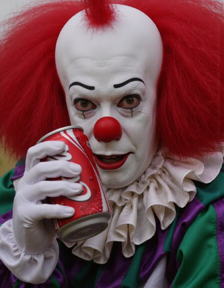 realistic photo of pennywise the clown holding a coke can, <lora:Pennywise_91:0.85>pennywise's, clown's <lora:coke_can_rendering:1>, cccnz1 the soda can