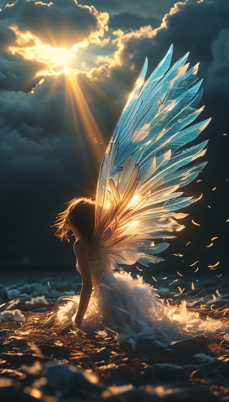 Half transparent wings glowing in darkness, feathers released above the clouds, floating feathers scattered underground, witnessing her wings illuminated by the glaring light of the sun, shedding feathers as they inevitably descend.
