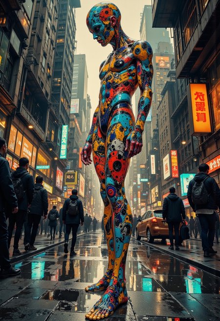 Create photographs that blend surreal artificiality with the vibrant, raw humanity of urban life, where calculated structure meets spontaneous chaos. Capture controlled studio portraits juxtaposed against the layered textures of bustling streets, allowing stiff poses to merge with candid gestures. Use harsh, direct lighting to cast sharp contrasts on natural gestures, while incorporating soft, diffused ambient city light to add a tactile, film-like quality with subtle grain.
Focus on close-up and full-body shots of isolated figures, such as performers frozen mid-action, their forms framed against dynamic backdrops of stark, minimalist walls interwoven with fractal-like reflections in puddles and glass. Play with depth of field to isolate the subject while allowing controlled, repeating patterns to spiral outward in urban textures. Clashing color palettes collide with harmonious hues, blending neon city lights with muted, studio tones. The result is a fragmented narrative where chaos and order coexist, immersing the viewer in a surreal yet emotionally resonant exploration of fractal design within both natural and controlled environments