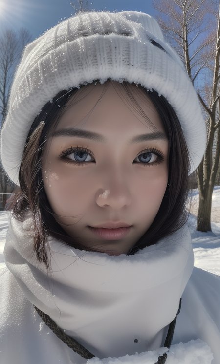(masterpiece,best quality:1.4),(8k,raw photo,photo realistic, Fujifilm XT3:1.2),natural light, hard shadow, HDR, shiny skin,detailed skin,detailed face,detailed eyes, japanese woman, (snowing:1.1), white ski wear, full body shot, white knitted hat, <lora:asianGirlsFace_v1:0.3> <lora:backlight_slider_v10:-0.5>