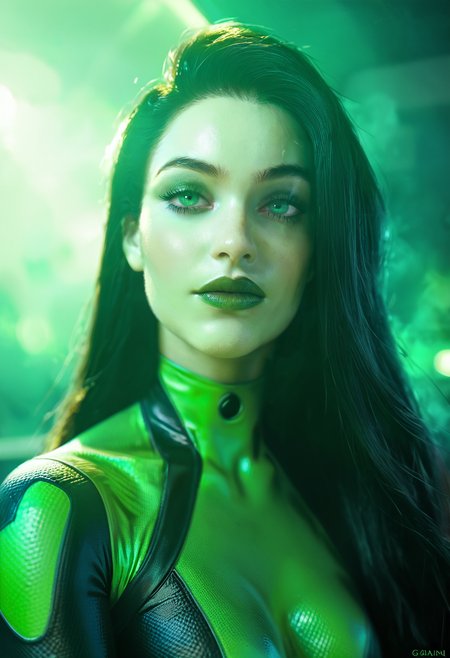 score_9, score_8_up, score_7_up, portrait, zy_shego, 1girl, close-up, long hair, black hair, green eyes, makeup, gloves, colored skin, bodysuit, thighs, green smoke background, laboratory, depth of field, highly detailed, high contrast, film grain, Rim Lighting , <lora:zy_Shego_PonyRealism_v1:0.75>