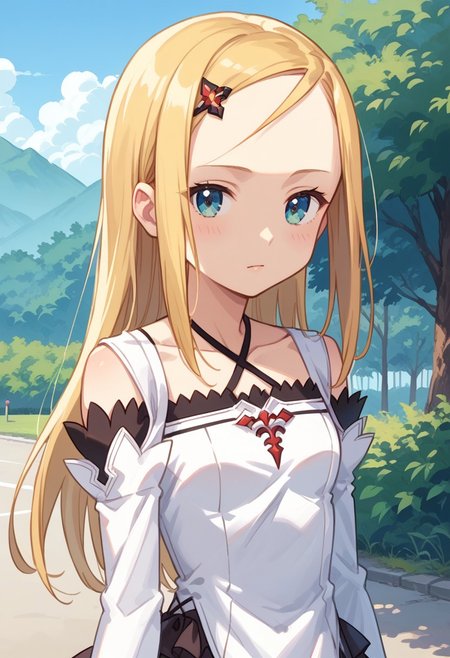 score_8, score_8_up, score_7_up, source_anime, anime screenshot BREAK 1girl, female focus, solo, Murno_SCS, blonde hair, long hair, hair ornament, forehead, halterneck, white dress, detached sleeves, layered sleeves, long sleeves, black skirt, upper body, outdoors, shibuya background,