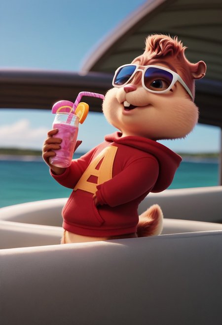 AlvinSeville, furry male, solo, chipmunk, sunglasses, red hoodie, tail, upper body, Realistic, on a yacht, drinking lemonade, pink lemonade, ocean, blue sky