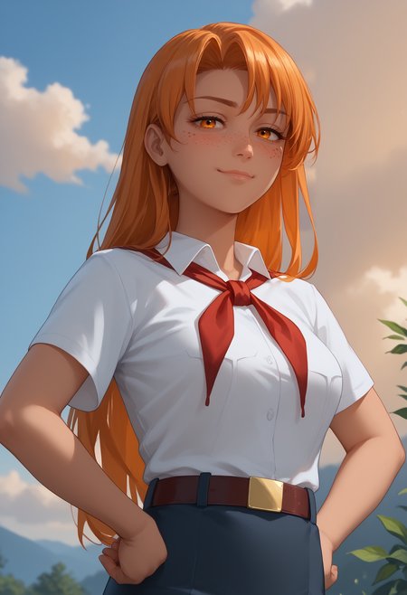 score_9, score_8_up, score_7_up,
best quality, masterpiece, ultra detailed, aesthetic,
22 years old, 168 cm height,
<lora:Expressive_H:1>, light smile, closed mouth, blush, mature
, solo focus,  from below, from side, 
<lora:Everlasting_Summer_Alisa_by_GraffMetal:0.7>, aliska, orange hair, long hair, right side bangs, orange eyes, face freckles, body freckles, medium breasts, dark-skinned female, dark skin, 1girl, solo,
sky, outdoors, shirt, white shirt, cloud, short sleeves, breasts, red neckerchief, closed mouth, collared shirt, half-closed eyes, upper body, smug, blurry, neckerchief, bangs, hands on hips, evening, belt, 
amazing background, cozy, cinematic,
<lora:Better_Quality_by_GraffMetal_V2.1_Style:0.7>,
<lora:Everlasting_Summer_Vanilla_Style_by_GraffMetal_3.0:0.5>,
